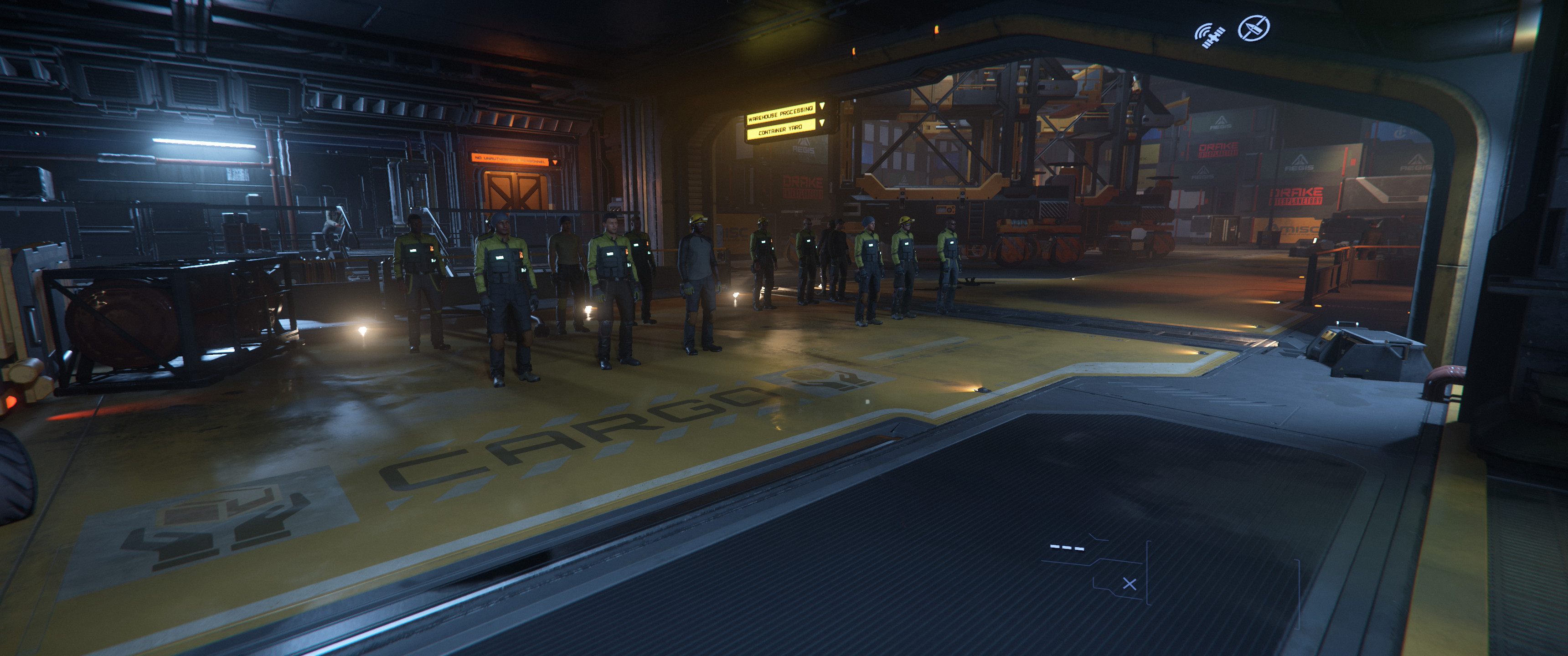 First-person view of a station interior, with “cargo” in big letters on the ground and a grid of fourteen workers in uniforms standing lifelessly, all facing the same direction