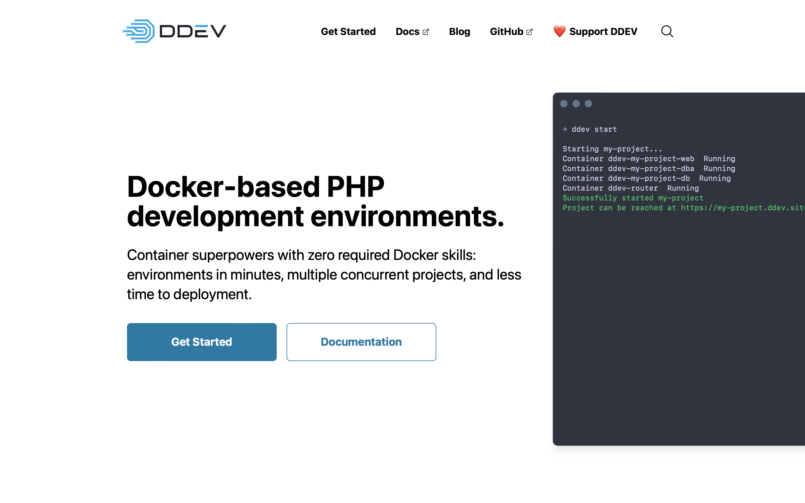 Cropped screenshot of ddev.com’s relaunched homepage