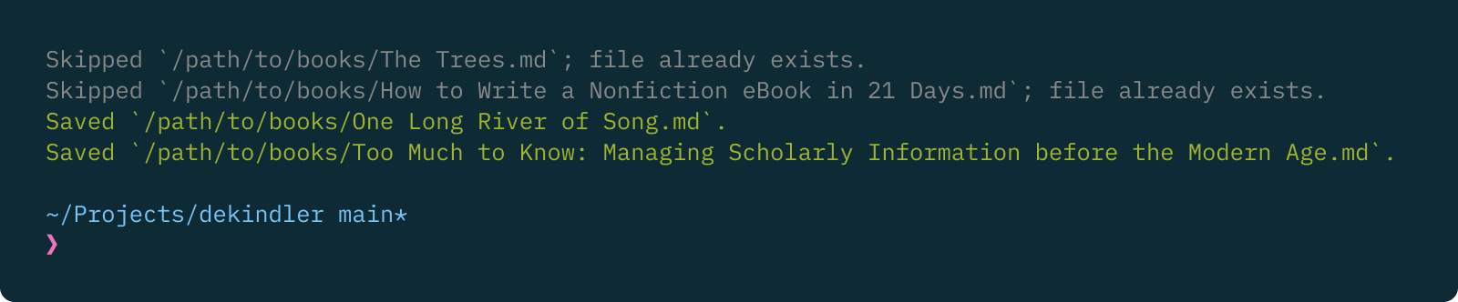 Terminal screenshot showing books skipped and new Markdown files written