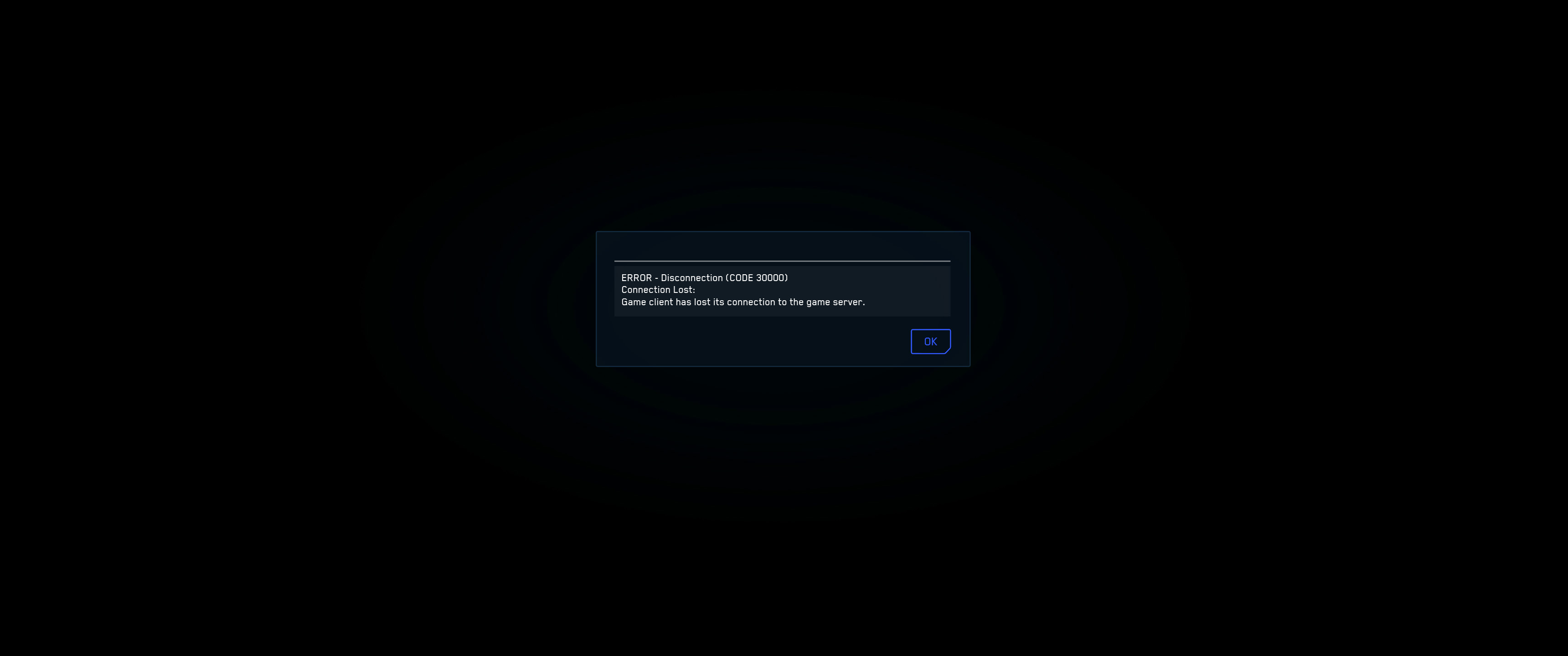 Screenshot of loading menu with a 30000 error message: “connection lost”