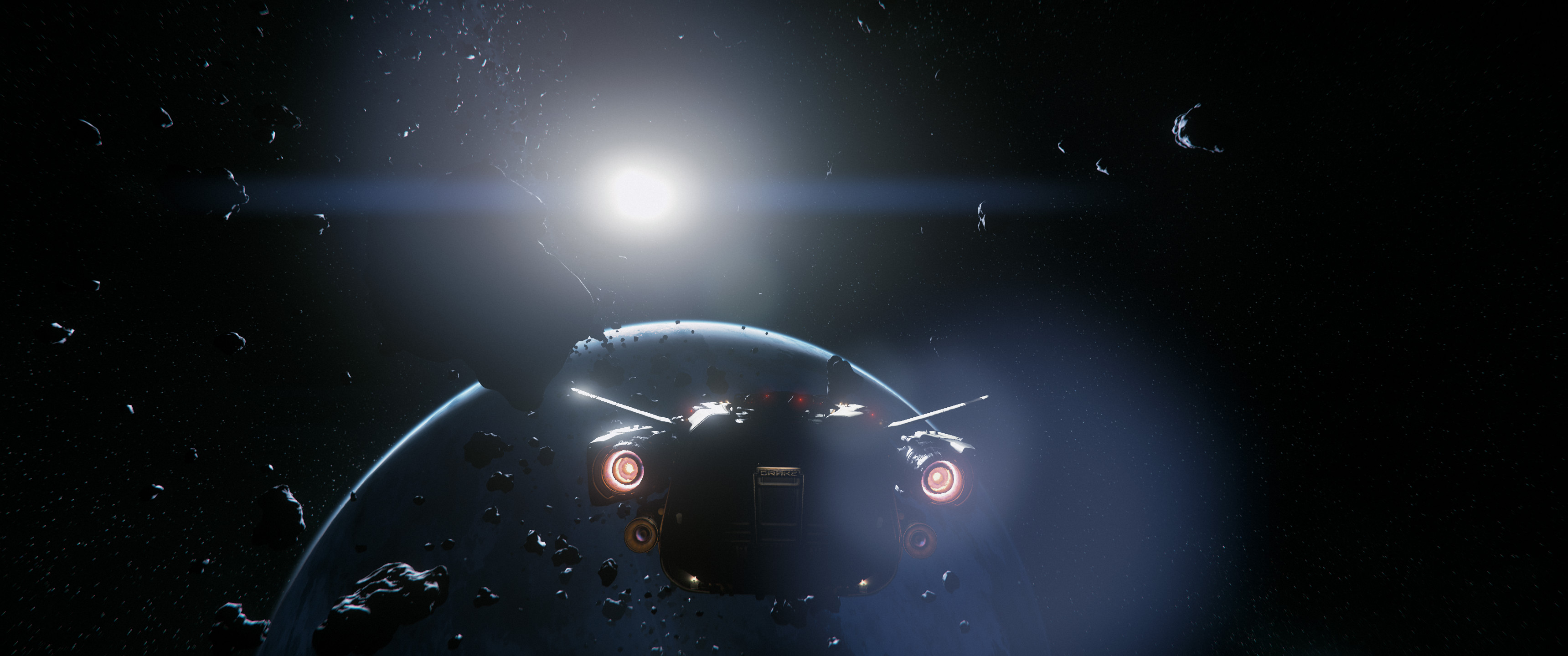 Small ship navigating an asteroid field with a planet starkly lit by a distant sun