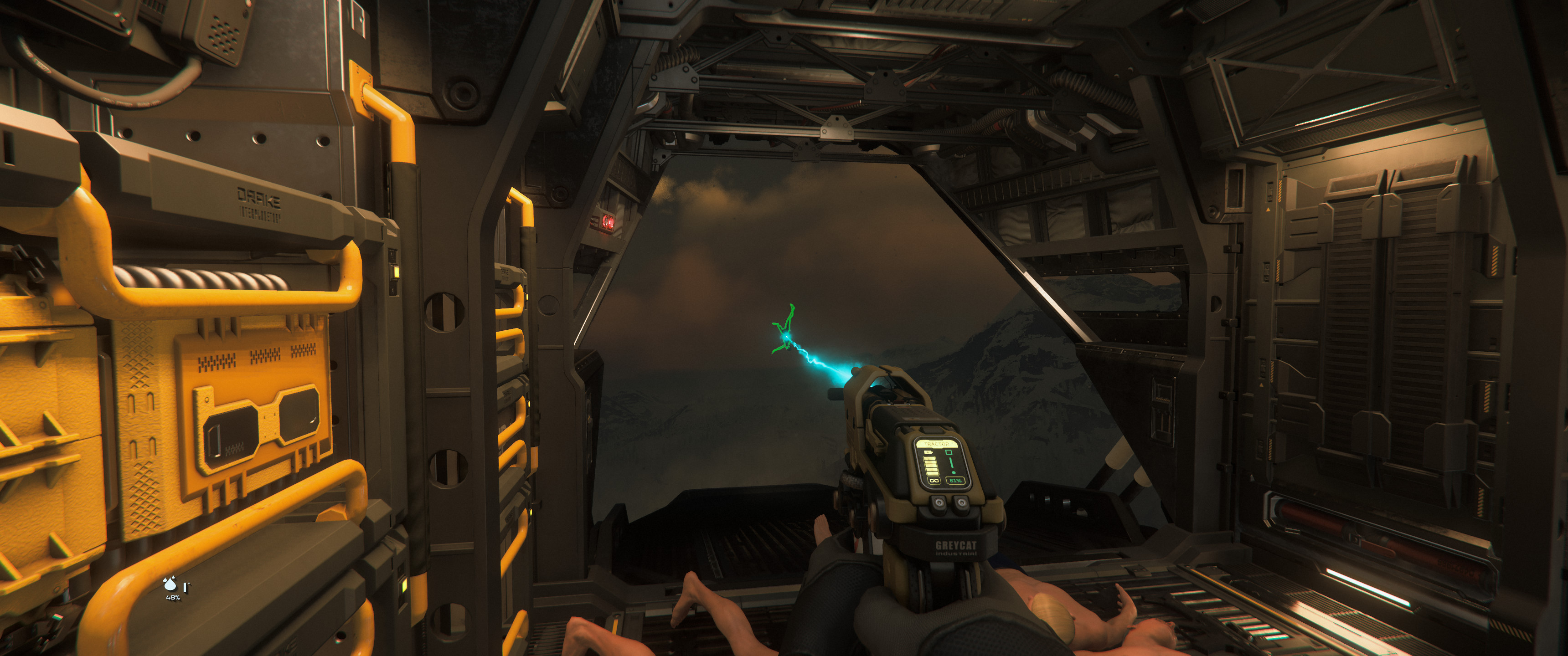 First-person view inside a ship with its back ramp open high above a mountain range at dusk, with a handheld tractor beam gun pushing a male body in boxer briefs from a pile in the ship out into the air