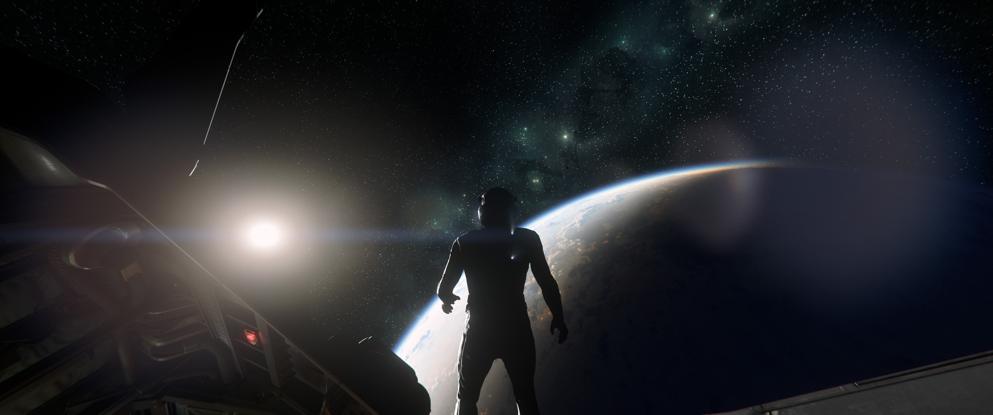 Sunlit silhoutte of a person in a thin spacesuit, back to us, stepping out of a small ship and firing EVA thrusters with a side-lit planet in the distance