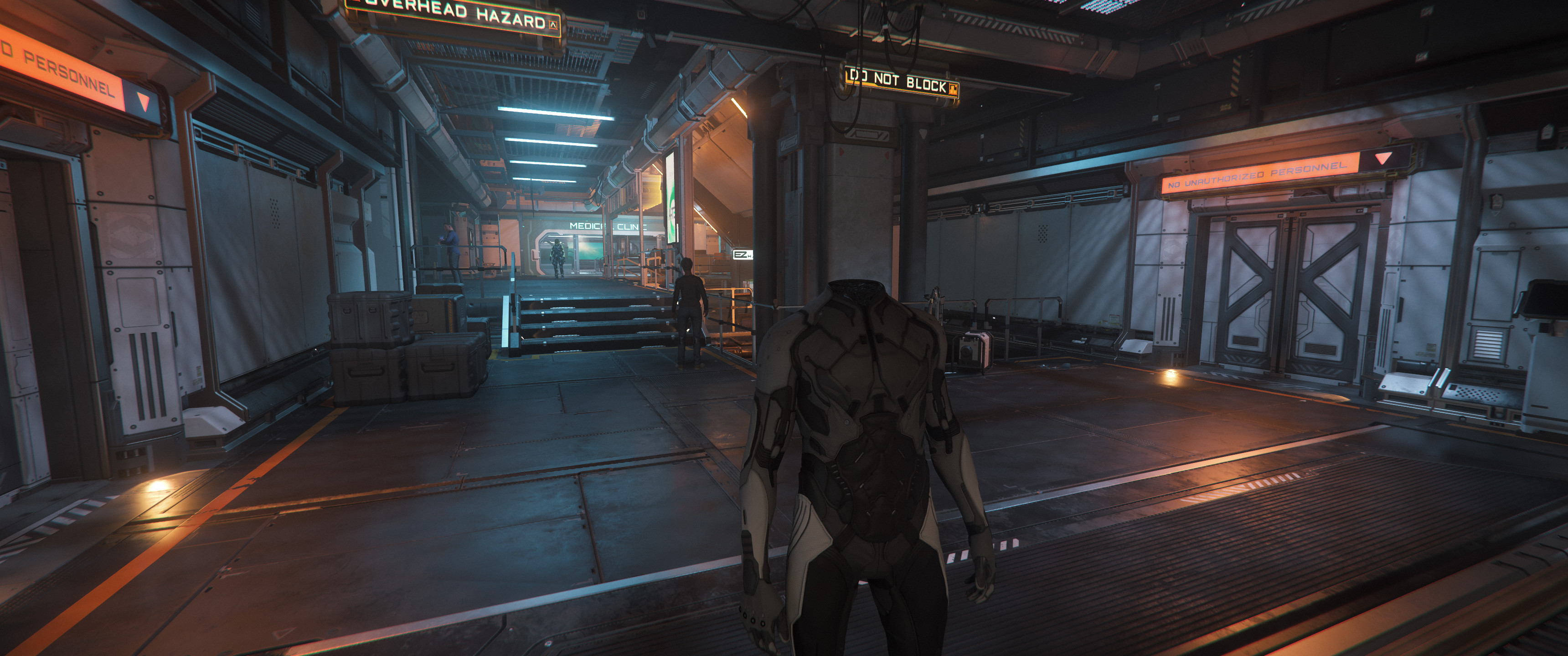 Third person view of a character in a flight suit, standing in a station corridor without a head
