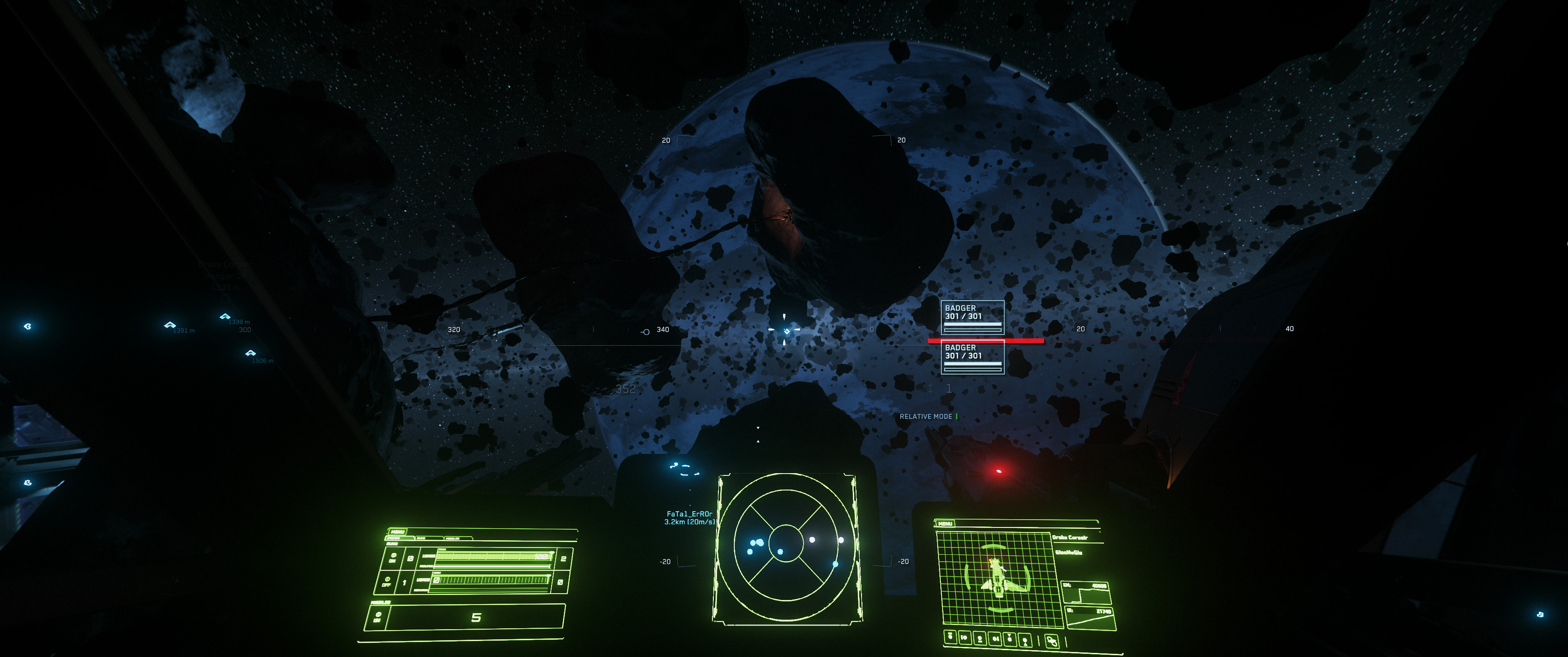 First-person view from a ship’s turret gun, a dark foreground lit by targeting and status displays looking out at a hazy, beautifully-detailed asteroid field in front of the dark side of a barely-lit planet