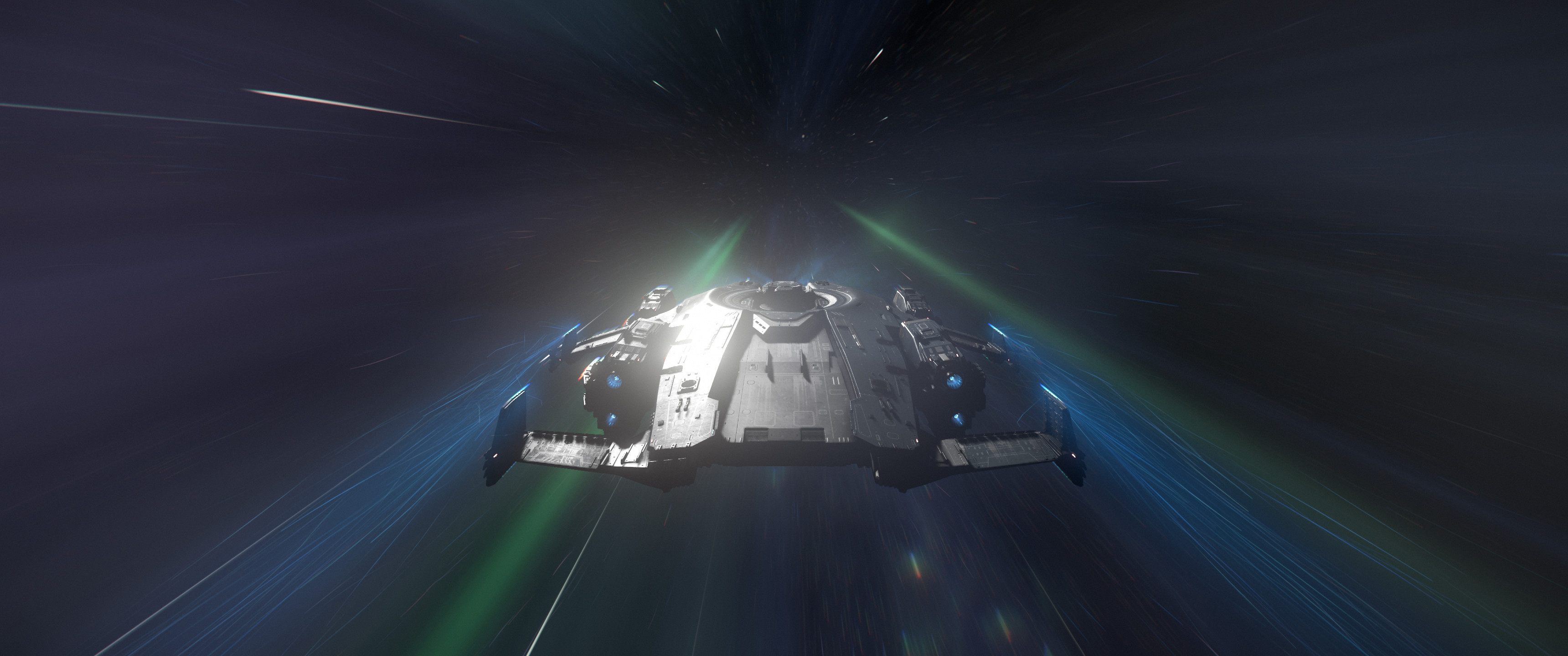 Rear view of a ship in the middle of a quantum jump, with a soft glare on its hull and streams of multi-colored light streaking around it